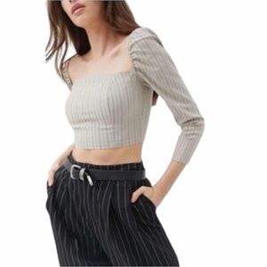 Urban Outfitters Pinstripe Square Neck Puff Sleeve Crop Top Beige Small